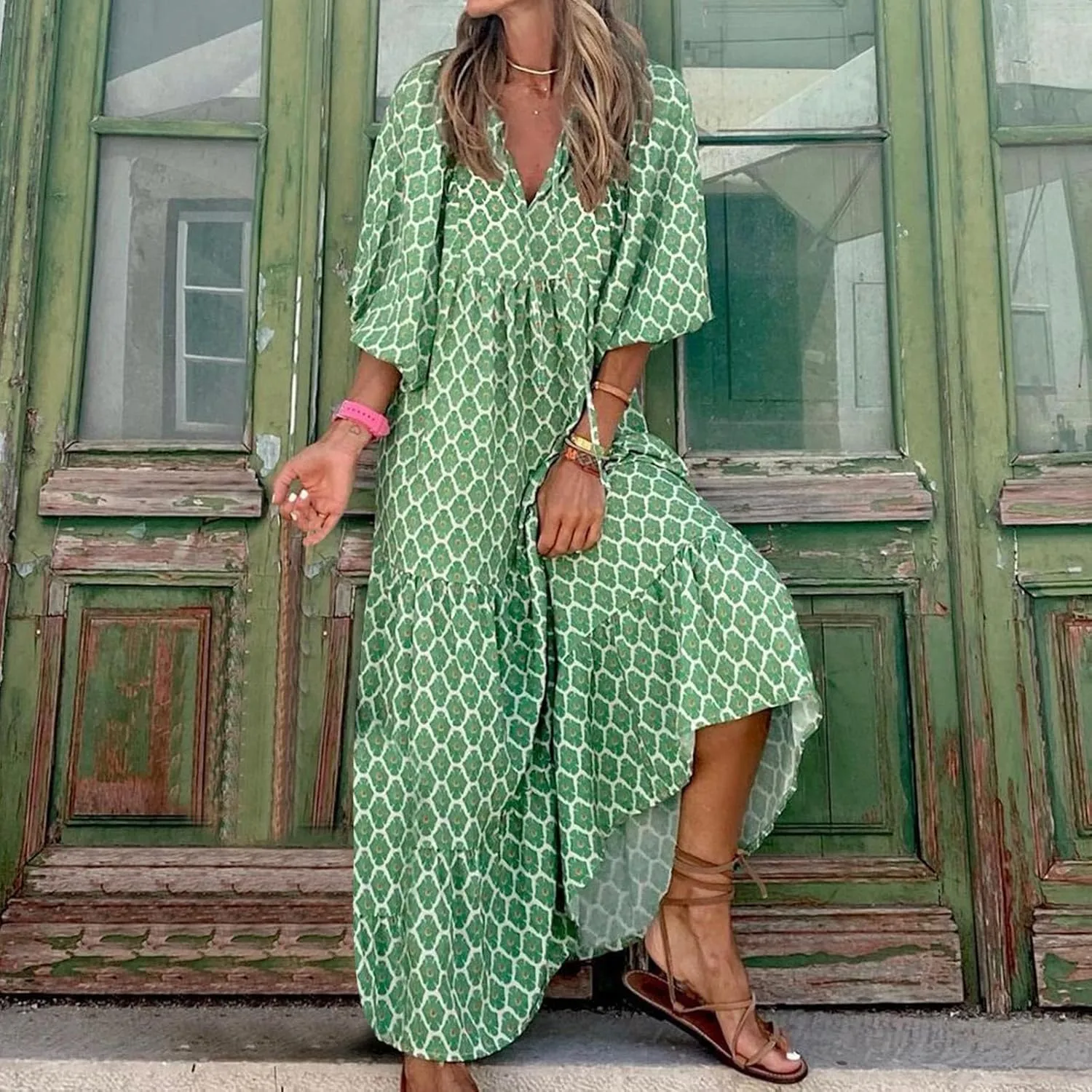Women's Elbow Sleeve Trendy Summer Dresses Boho Floral Print Midi Dresses Flowy Loose Casual Beach Dress