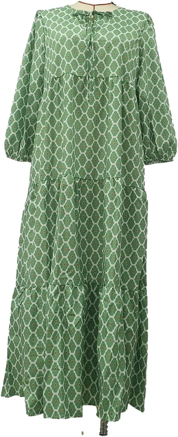 Women's Elbow Sleeve Trendy Summer Dresses Boho Floral Print Midi Dresses Flowy Loose Casual Beach Dress