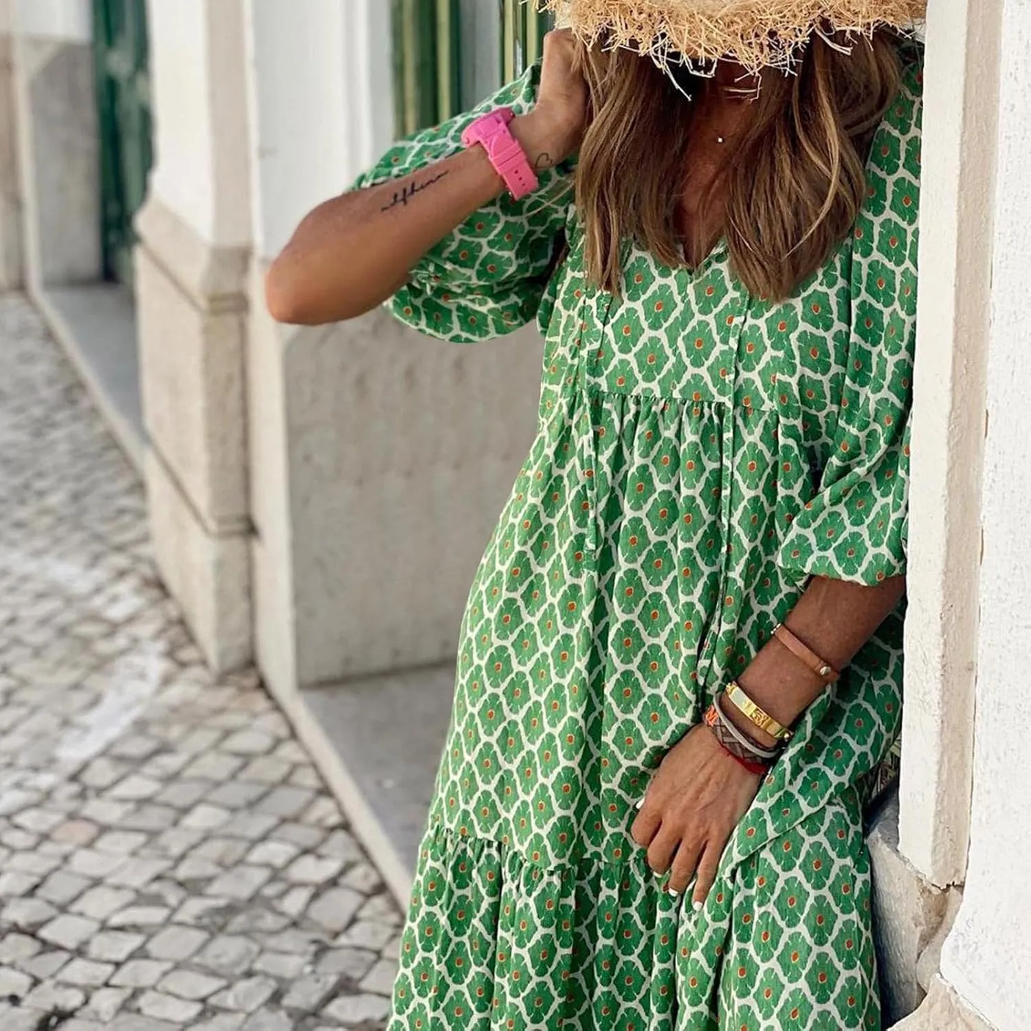 Women's Elbow Sleeve Trendy Summer Dresses Boho Floral Print Midi Dresses Flowy Loose Casual Beach Dress