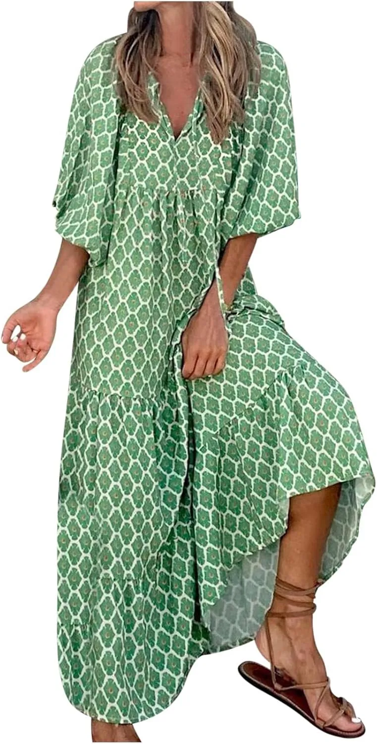 Women's Elbow Sleeve Trendy Summer Dresses Boho Floral Print Midi Dresses Flowy Loose Casual Beach Dress