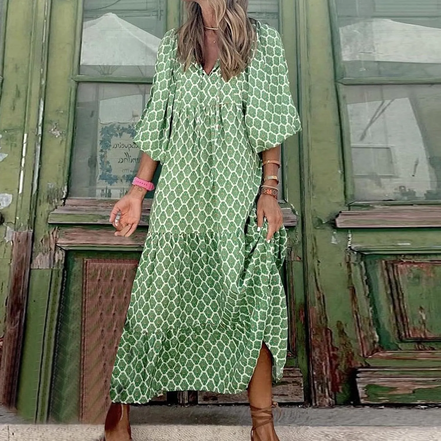 Women's Elbow Sleeve Trendy Summer Dresses Boho Floral Print Midi Dresses Flowy Loose Casual Beach Dress