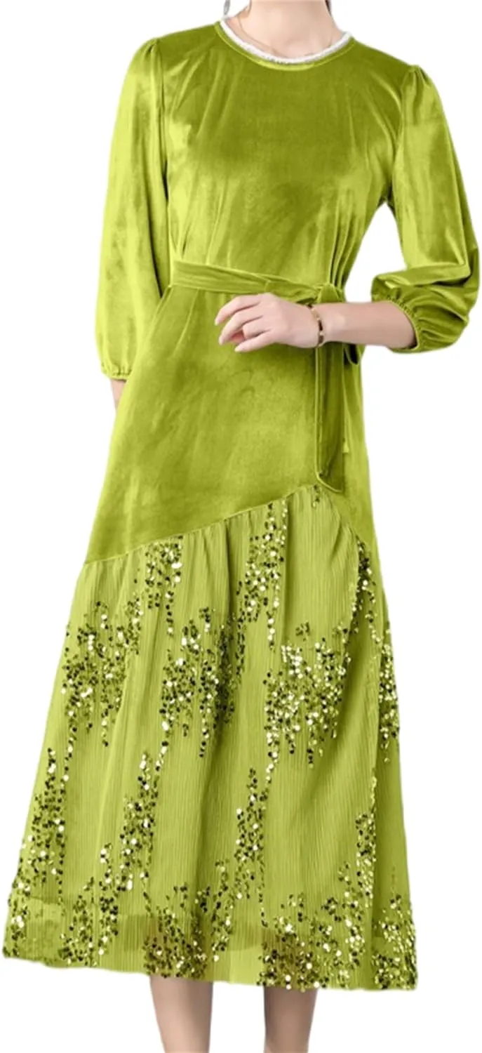 Womens Elegant Dresses Fashion 3/4 Sleeve Lace Midi Swing Dress Sequin Cocktail Party Dress Wedding Guest Dresses