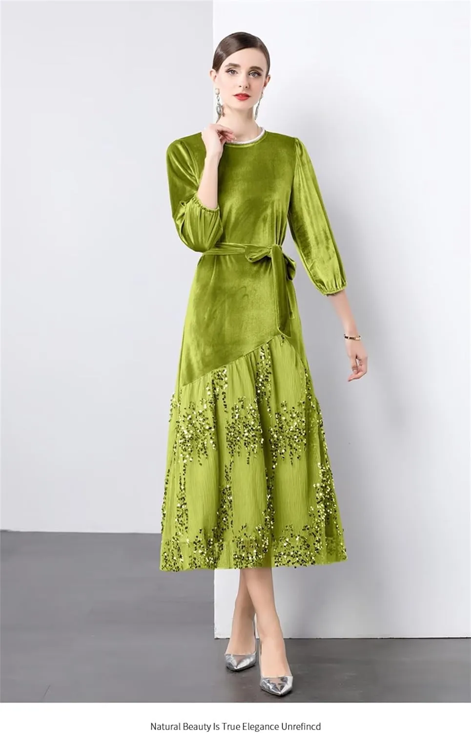 Womens Elegant Dresses Fashion 3/4 Sleeve Lace Midi Swing Dress Sequin Cocktail Party Dress Wedding Guest Dresses