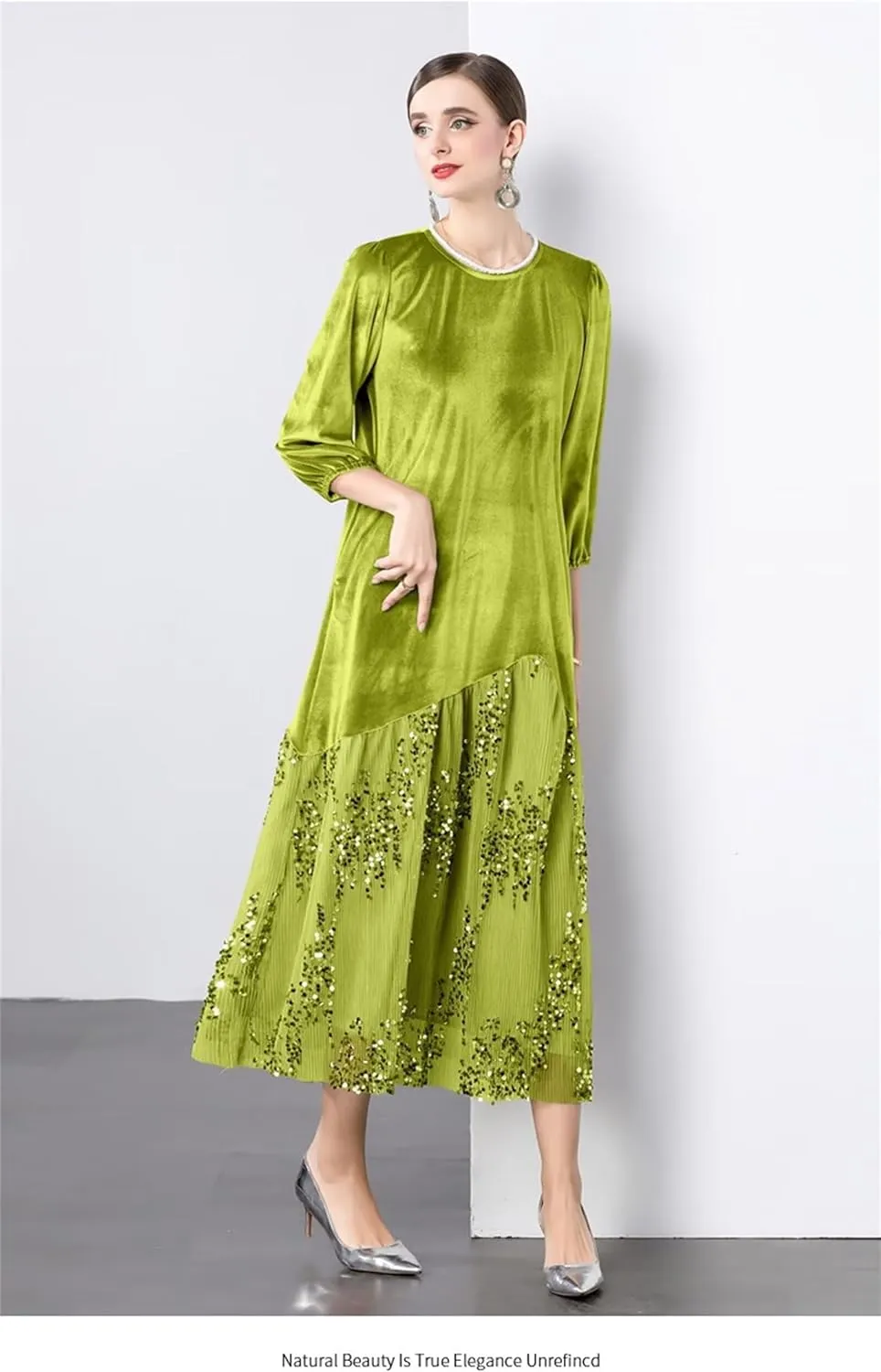 Womens Elegant Dresses Fashion 3/4 Sleeve Lace Midi Swing Dress Sequin Cocktail Party Dress Wedding Guest Dresses