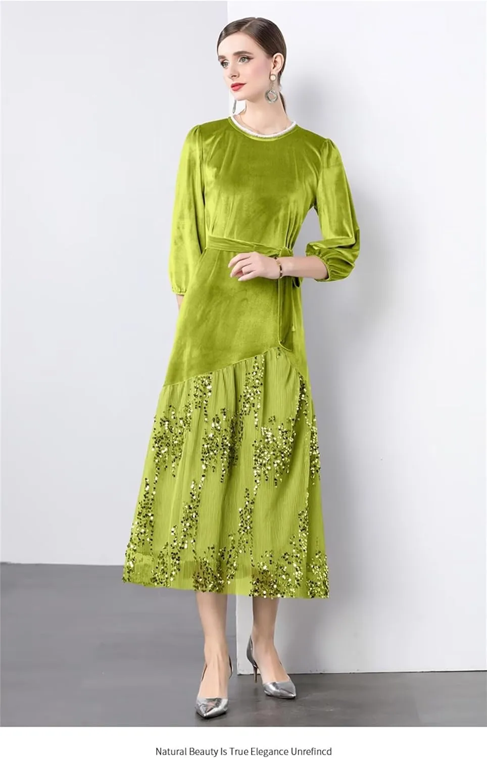 Womens Elegant Dresses Fashion 3/4 Sleeve Lace Midi Swing Dress Sequin Cocktail Party Dress Wedding Guest Dresses