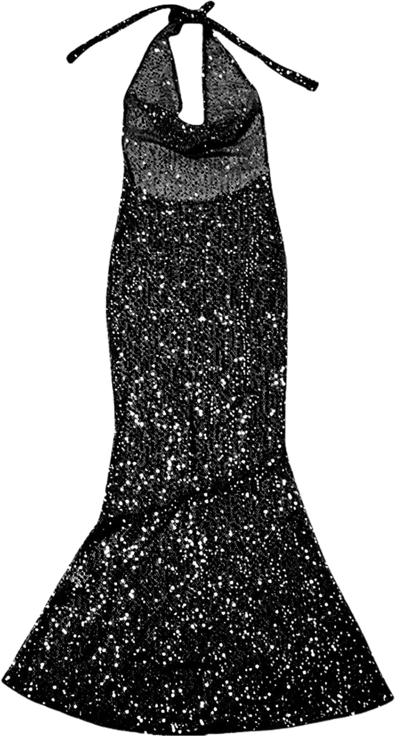 Women's Elegant Sheer Mesh Maxi Dress Sparkly Sequins See Through Halter Cowl Neck Backless Long Dresses Party Outfits