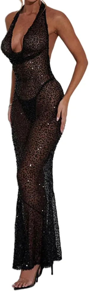 Women's Elegant Sheer Mesh Maxi Dress Sparkly Sequins See Through Halter Cowl Neck Backless Long Dresses Party Outfits