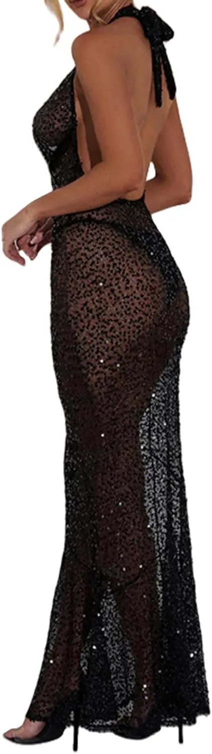 Women's Elegant Sheer Mesh Maxi Dress Sparkly Sequins See Through Halter Cowl Neck Backless Long Dresses Party Outfits