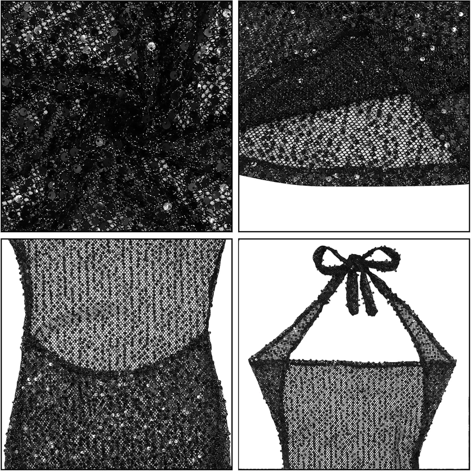 Women's Elegant Sheer Mesh Maxi Dress Sparkly Sequins See Through Halter Cowl Neck Backless Long Dresses Party Outfits