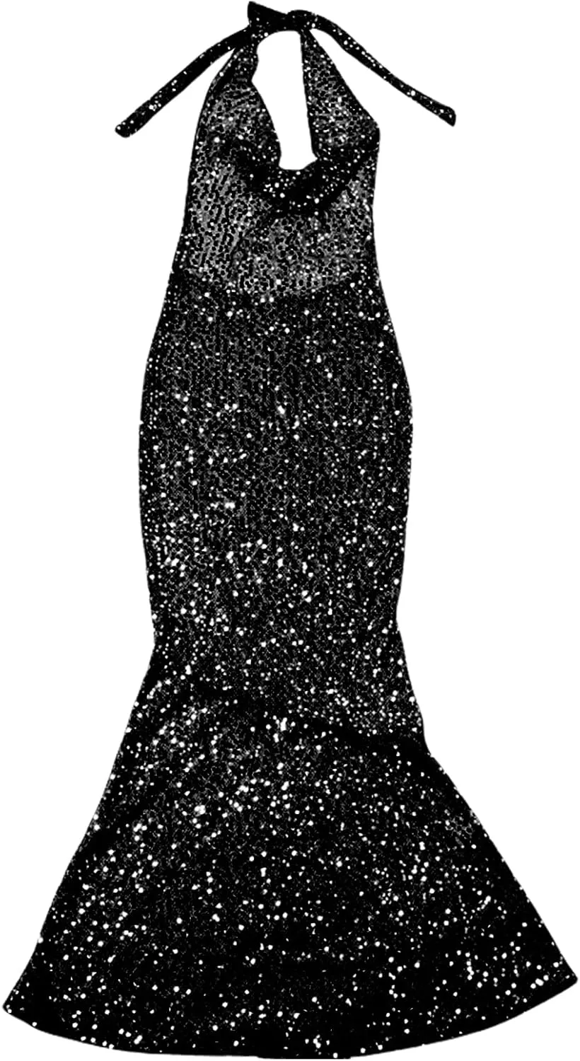 Women's Elegant Sheer Mesh Maxi Dress Sparkly Sequins See Through Halter Cowl Neck Backless Long Dresses Party Outfits