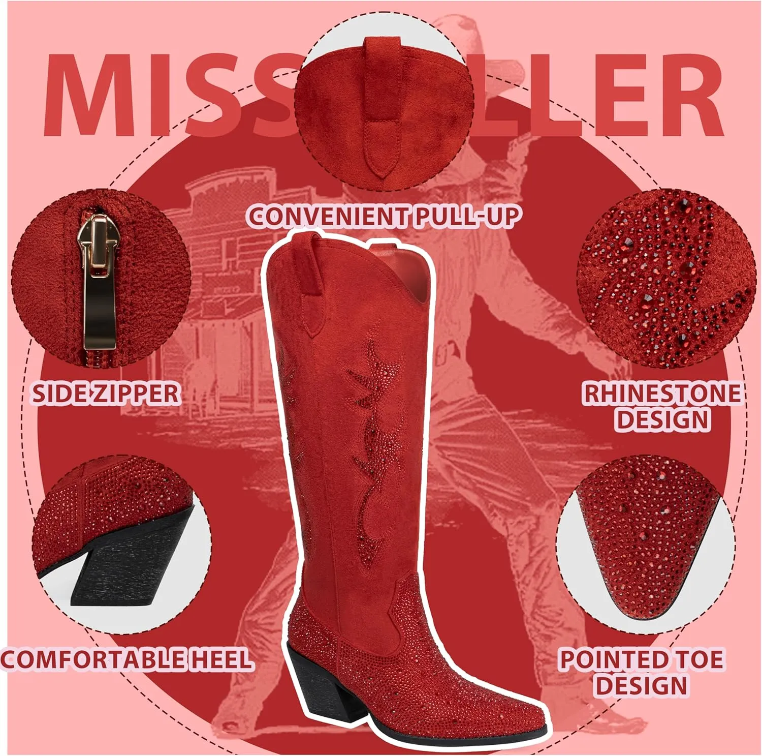 Women's Embroidered Wide Calf Western Cowgirl High Knee Boots Pull On Pointed Toe Cowboy Tall Boots for Ladies