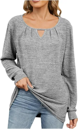Womens Fall t Shirt Long Sleeve Front Key Hole Ruched Casual Pullover Tops Loose Fit Going Out Outfits Clothes