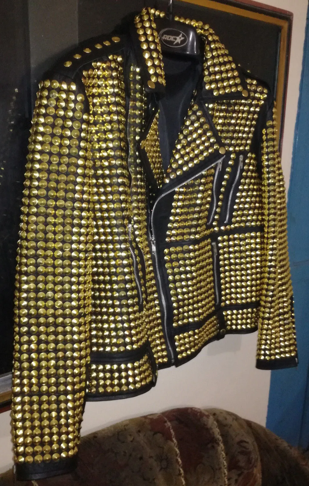 Women's Golden Studded Cowhide Leather Jacket