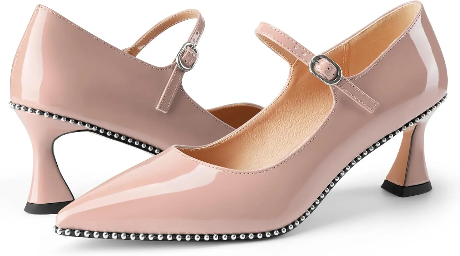 Women's Kitten Heels Patent Leather Closed Toe Heeled Mary Jane Pumps Ankle Strap Beaded Dressy Prom Wedding Sandals Shoes 2 inch