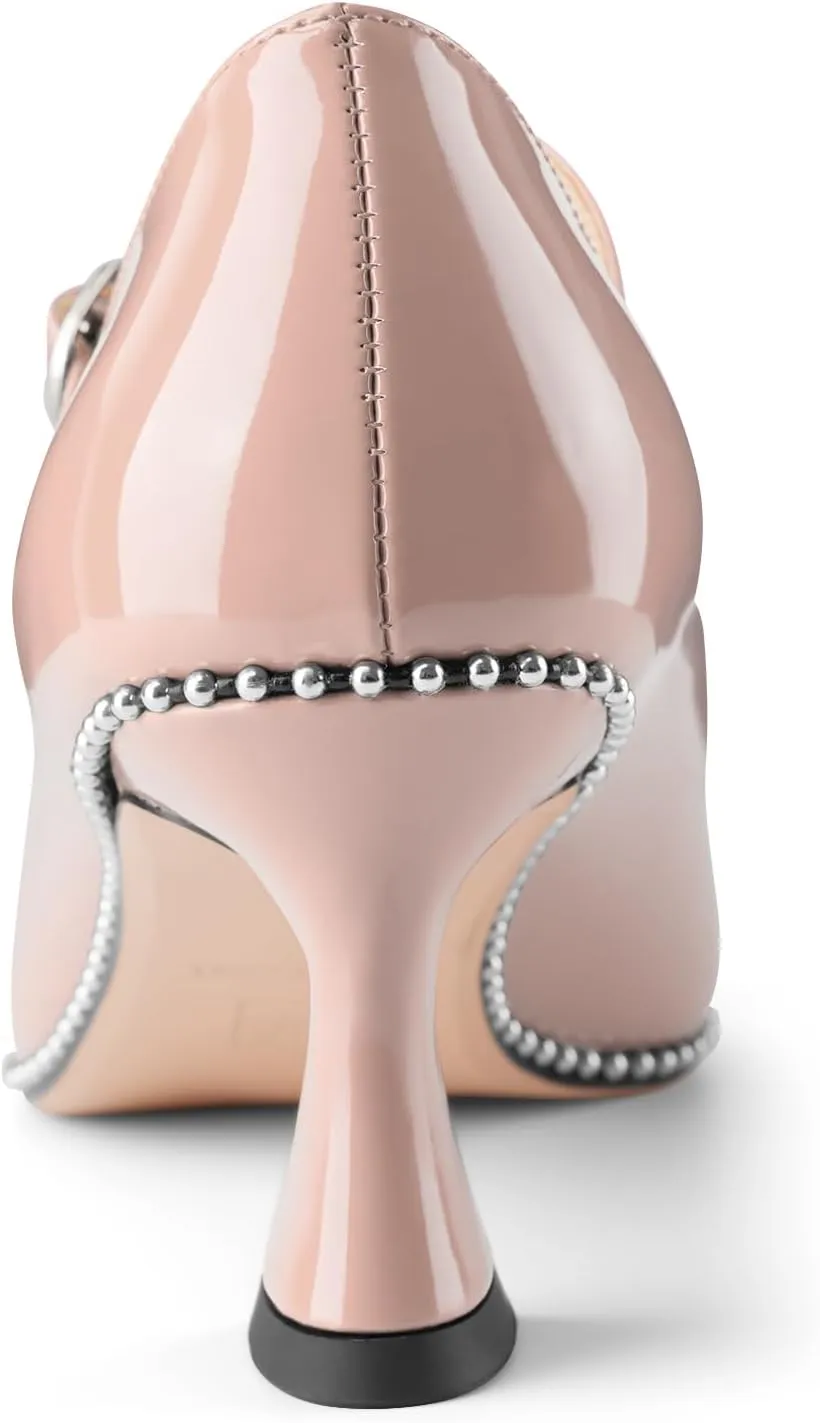 Women's Kitten Heels Patent Leather Closed Toe Heeled Mary Jane Pumps Ankle Strap Beaded Dressy Prom Wedding Sandals Shoes 2 inch