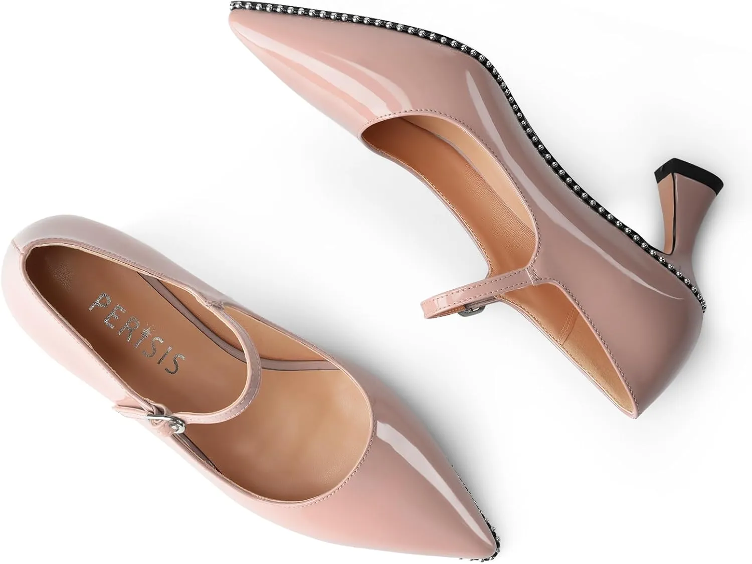 Women's Kitten Heels Patent Leather Closed Toe Heeled Mary Jane Pumps Ankle Strap Beaded Dressy Prom Wedding Sandals Shoes 2 inch