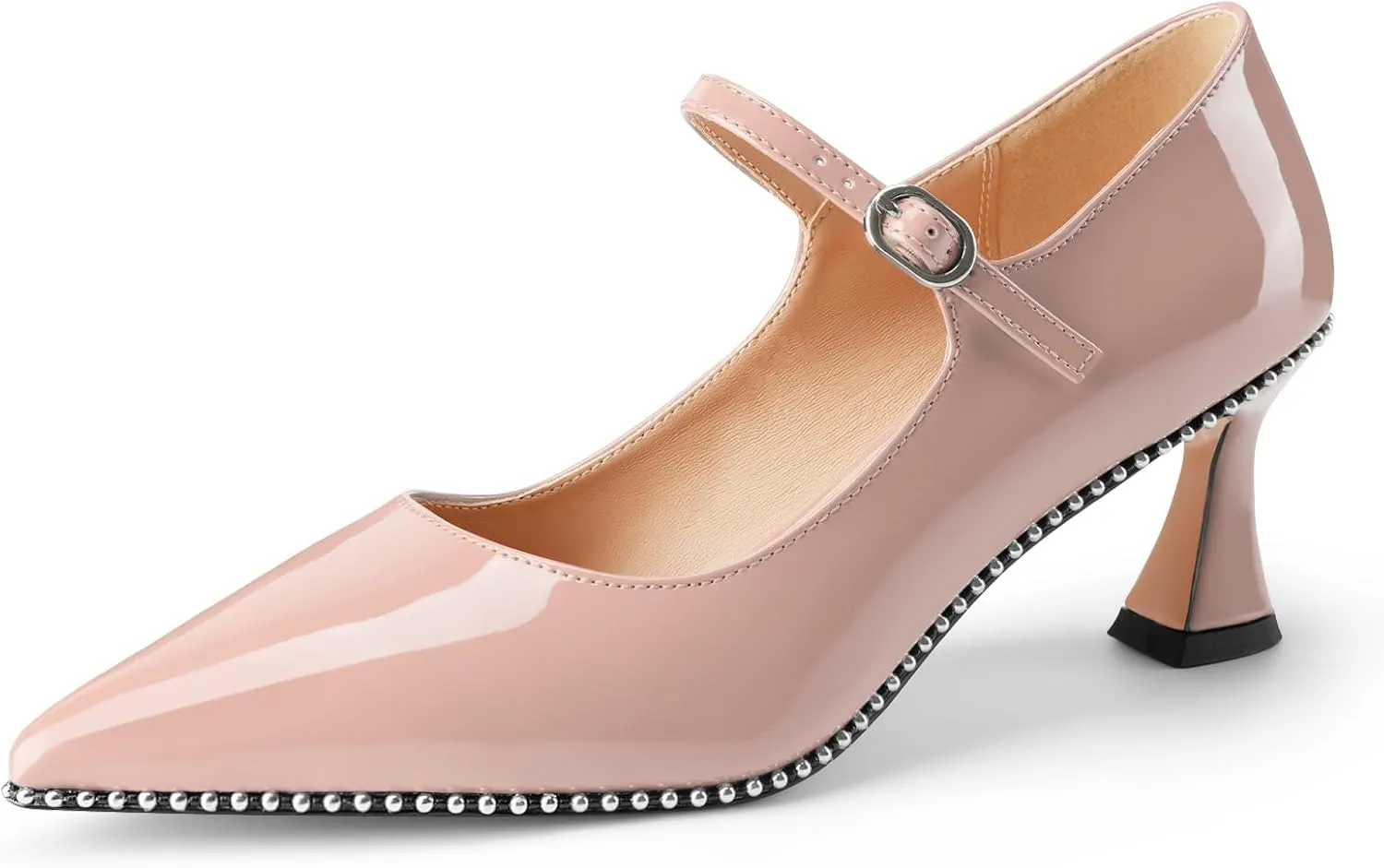 Women's Kitten Heels Patent Leather Closed Toe Heeled Mary Jane Pumps Ankle Strap Beaded Dressy Prom Wedding Sandals Shoes 2 inch