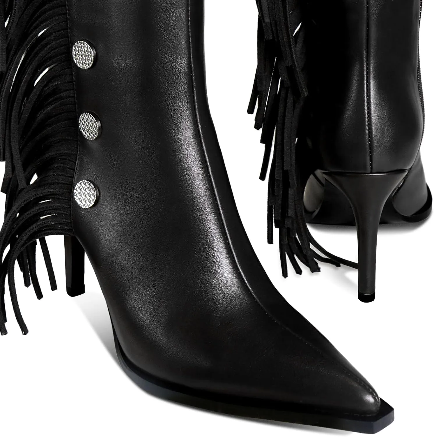Womens Knee High Boots Pointed Toe Fringe Stiletto High Heel Long Boots Rivet Zipper Winter Sexy Wide Calf Tall Boots