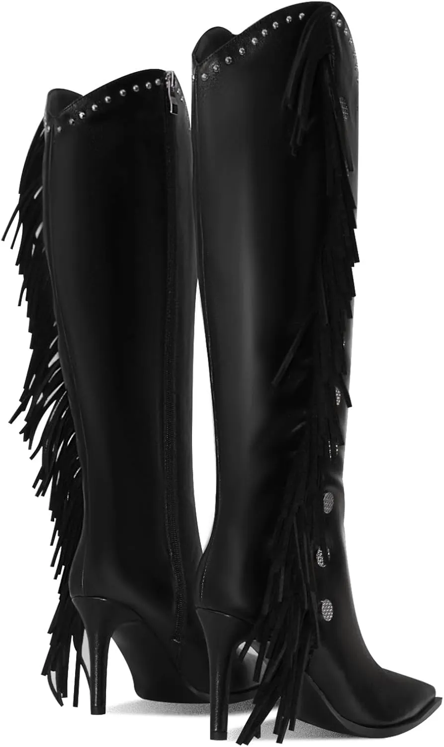 Womens Knee High Boots Pointed Toe Fringe Stiletto High Heel Long Boots Rivet Zipper Winter Sexy Wide Calf Tall Boots