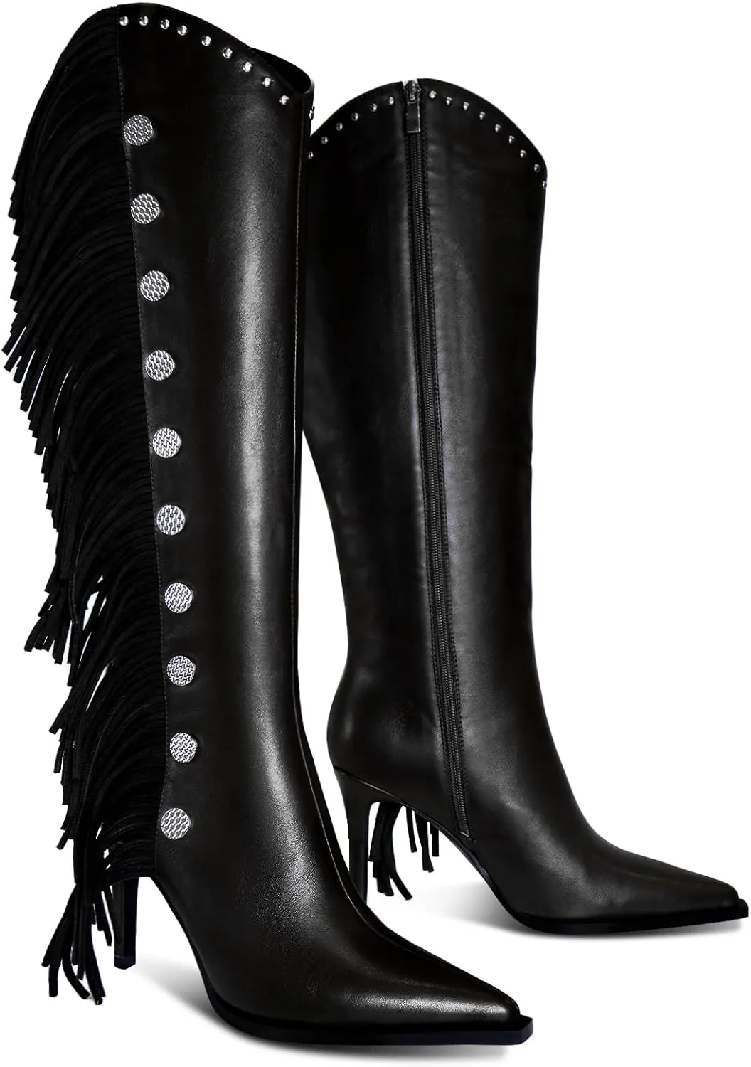 Womens Knee High Boots Pointed Toe Fringe Stiletto High Heel Long Boots Rivet Zipper Winter Sexy Wide Calf Tall Boots