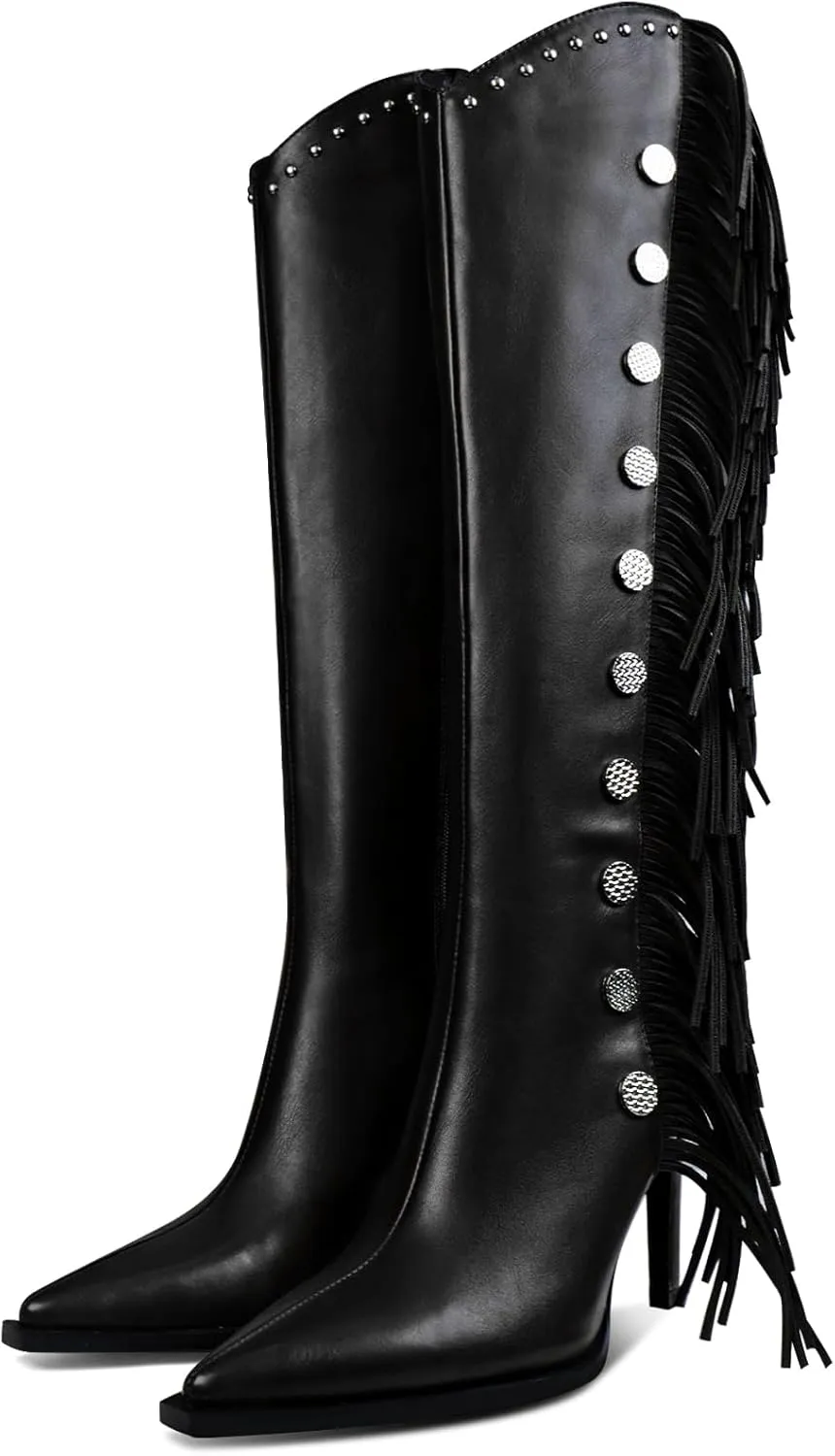 Womens Knee High Boots Pointed Toe Fringe Stiletto High Heel Long Boots Rivet Zipper Winter Sexy Wide Calf Tall Boots