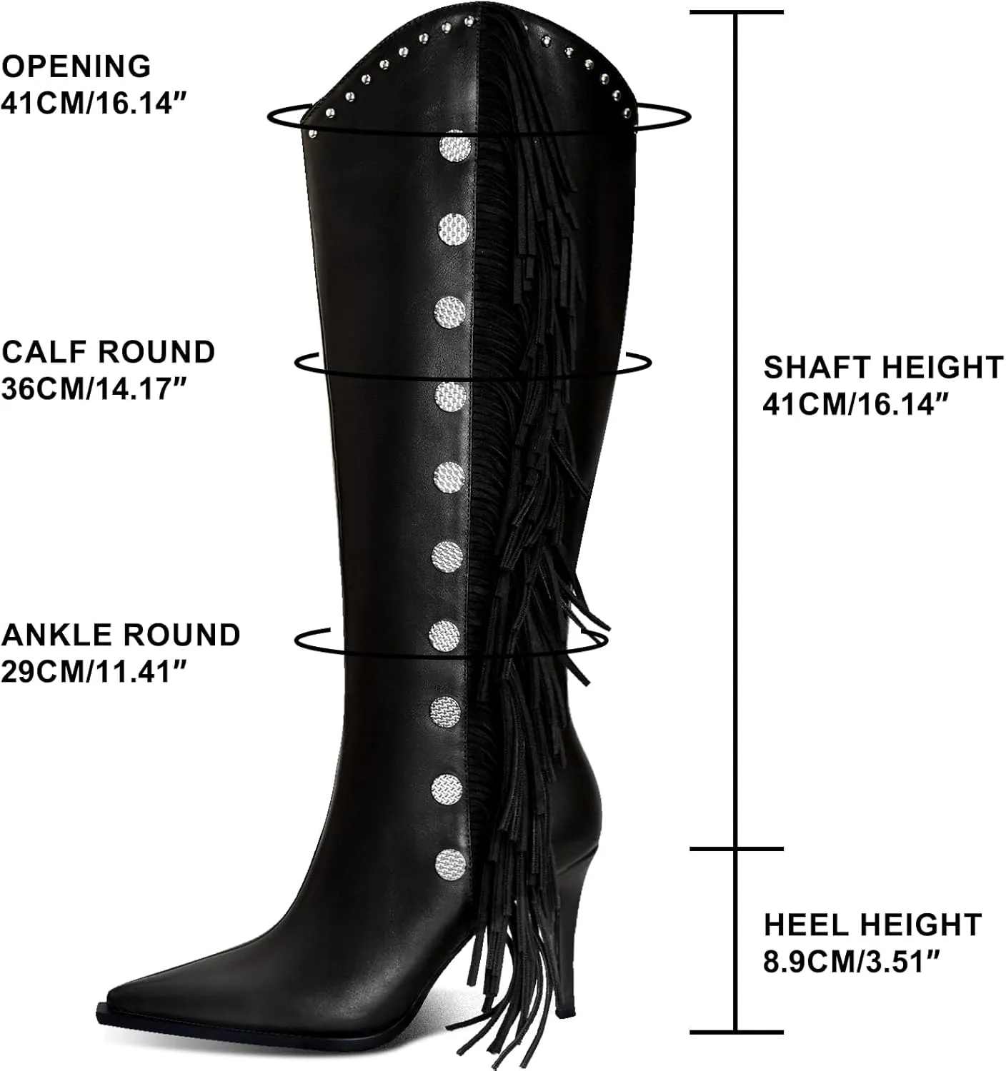 Womens Knee High Boots Pointed Toe Fringe Stiletto High Heel Long Boots Rivet Zipper Winter Sexy Wide Calf Tall Boots