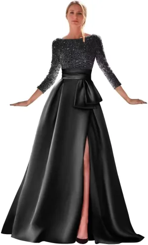 Women's Long Sleeve Prom Dresses Sequin Satin Ball Gown Boat Neck Formal Gowns Evening Dress Long with Slit