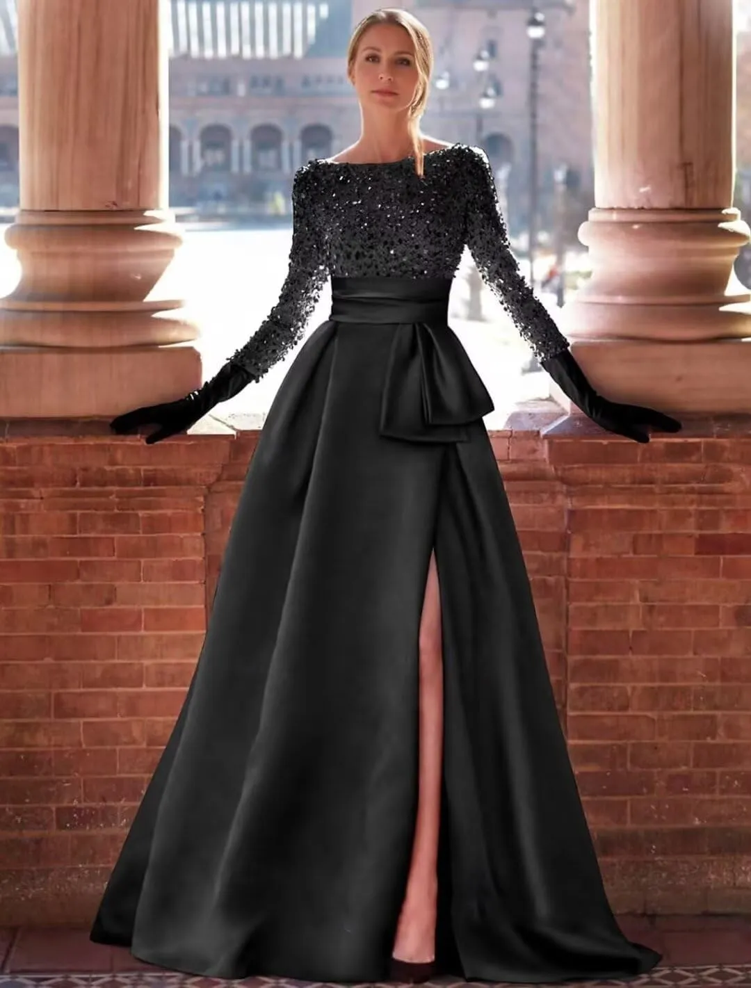 Women's Long Sleeve Prom Dresses Sequin Satin Ball Gown Boat Neck Formal Gowns Evening Dress Long with Slit