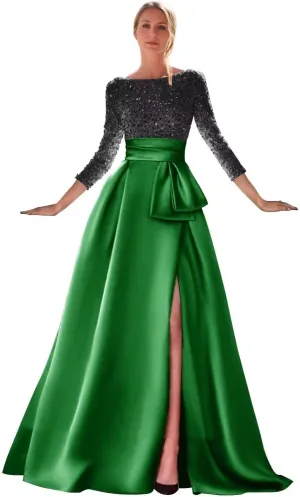 Women's Long Sleeve Prom Dresses Sequin Satin Ball Gown Boat Neck Formal Gowns Evening Dress Long with Slit