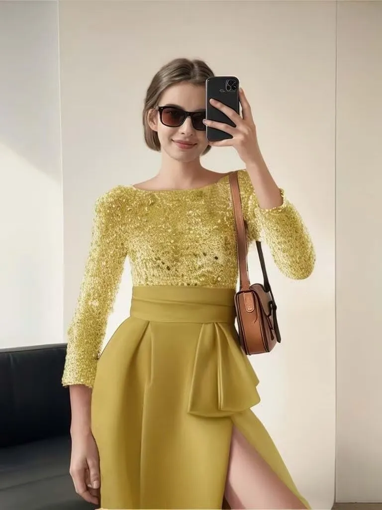 Women's Long Sleeve Prom Dresses Sequin Satin Ball Gown Boat Neck Formal Gowns Evening Dress Long with Slit