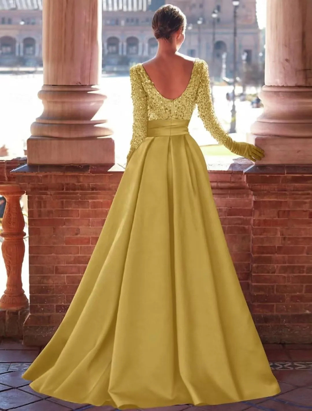 Women's Long Sleeve Prom Dresses Sequin Satin Ball Gown Boat Neck Formal Gowns Evening Dress Long with Slit