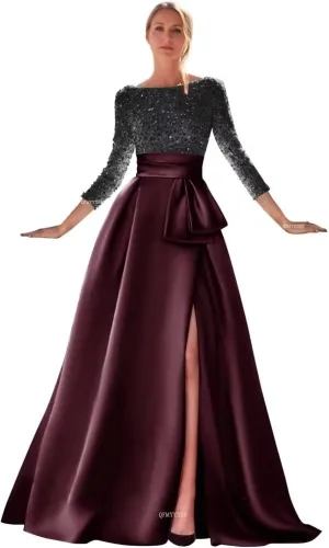 Women's Long Sleeve Prom Dresses Sequin Satin Ball Gown Boat Neck Formal Gowns Evening Dress Long with Slit