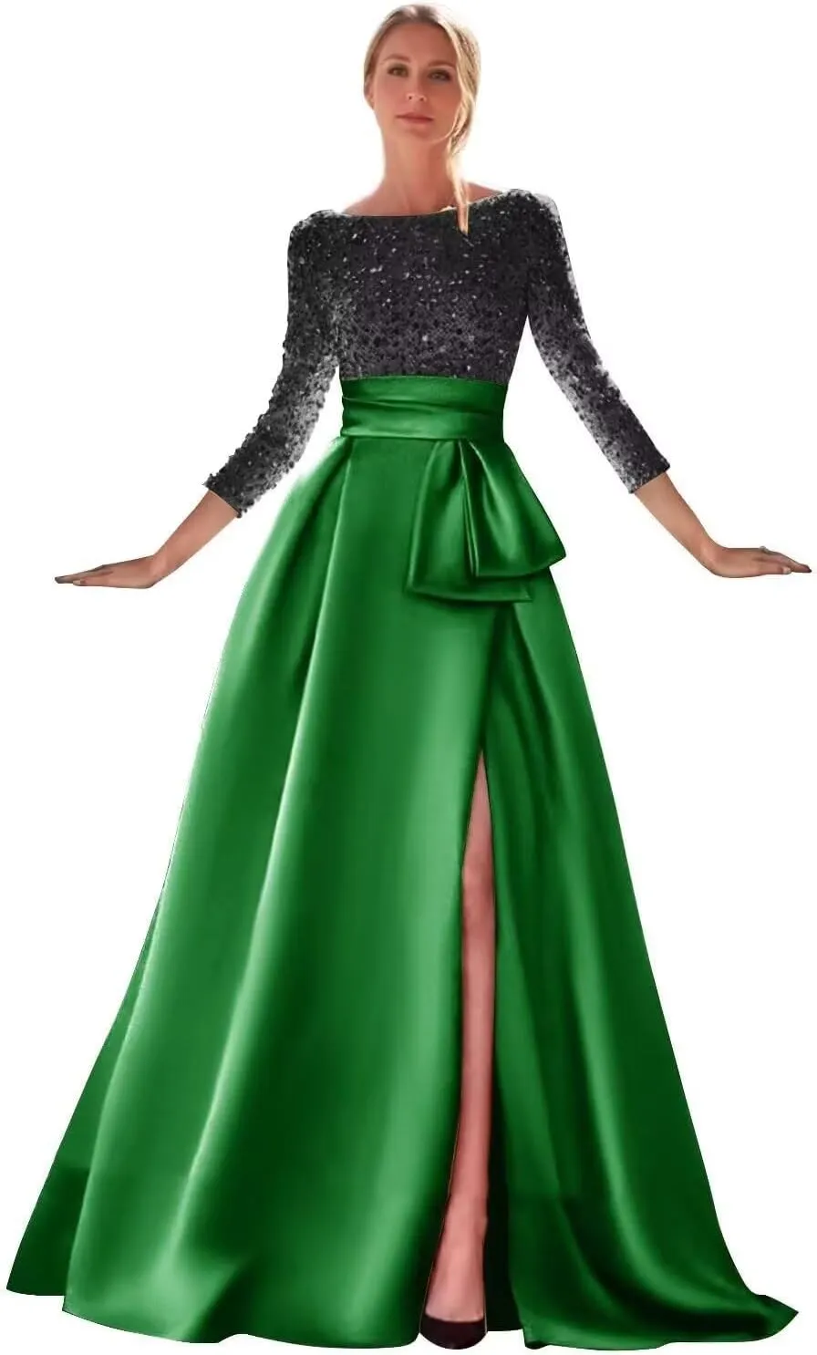 Women's Long Sleeve Prom Dresses Sequin Satin Ball Gown Boat Neck Formal Gowns Evening Dress Long with Slit