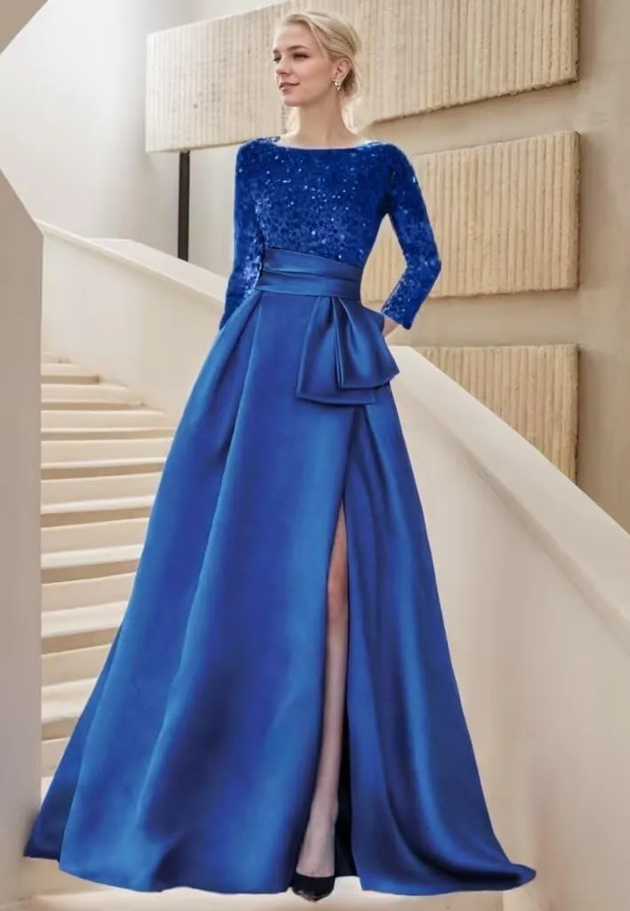 Women's Long Sleeve Prom Dresses Sequin Satin Ball Gown Boat Neck Formal Gowns Evening Dress Long with Slit