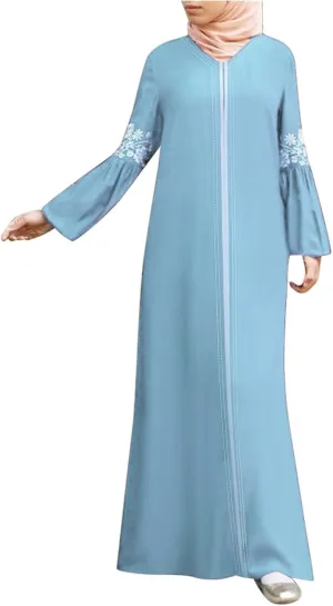 Women's Long Sleeve Sequin Maxi Dress Muslim Abaya Robe V Neck Embroided Long Gown Modern Islamic Arabic Casual Dress