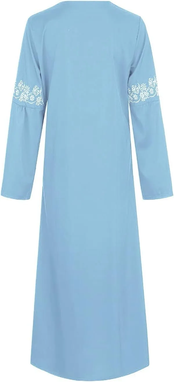 Women's Long Sleeve Sequin Maxi Dress Muslim Abaya Robe V Neck Embroided Long Gown Modern Islamic Arabic Casual Dress