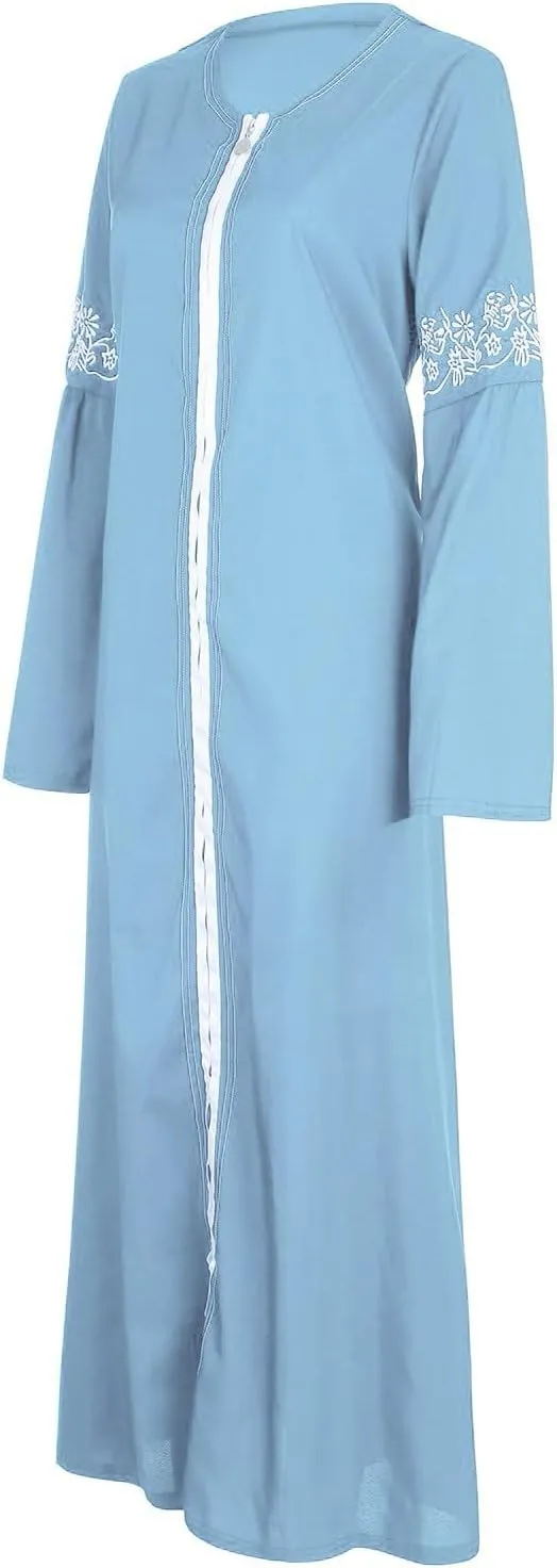 Women's Long Sleeve Sequin Maxi Dress Muslim Abaya Robe V Neck Embroided Long Gown Modern Islamic Arabic Casual Dress