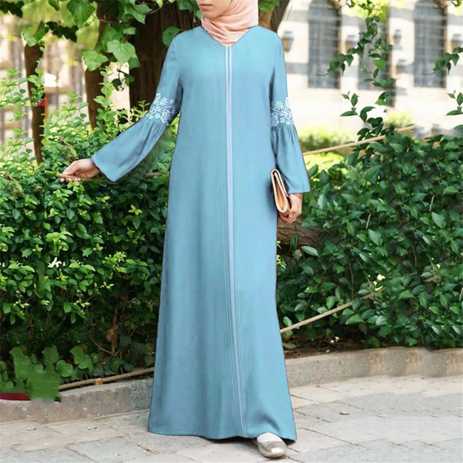 Women's Long Sleeve Sequin Maxi Dress Muslim Abaya Robe V Neck Embroided Long Gown Modern Islamic Arabic Casual Dress