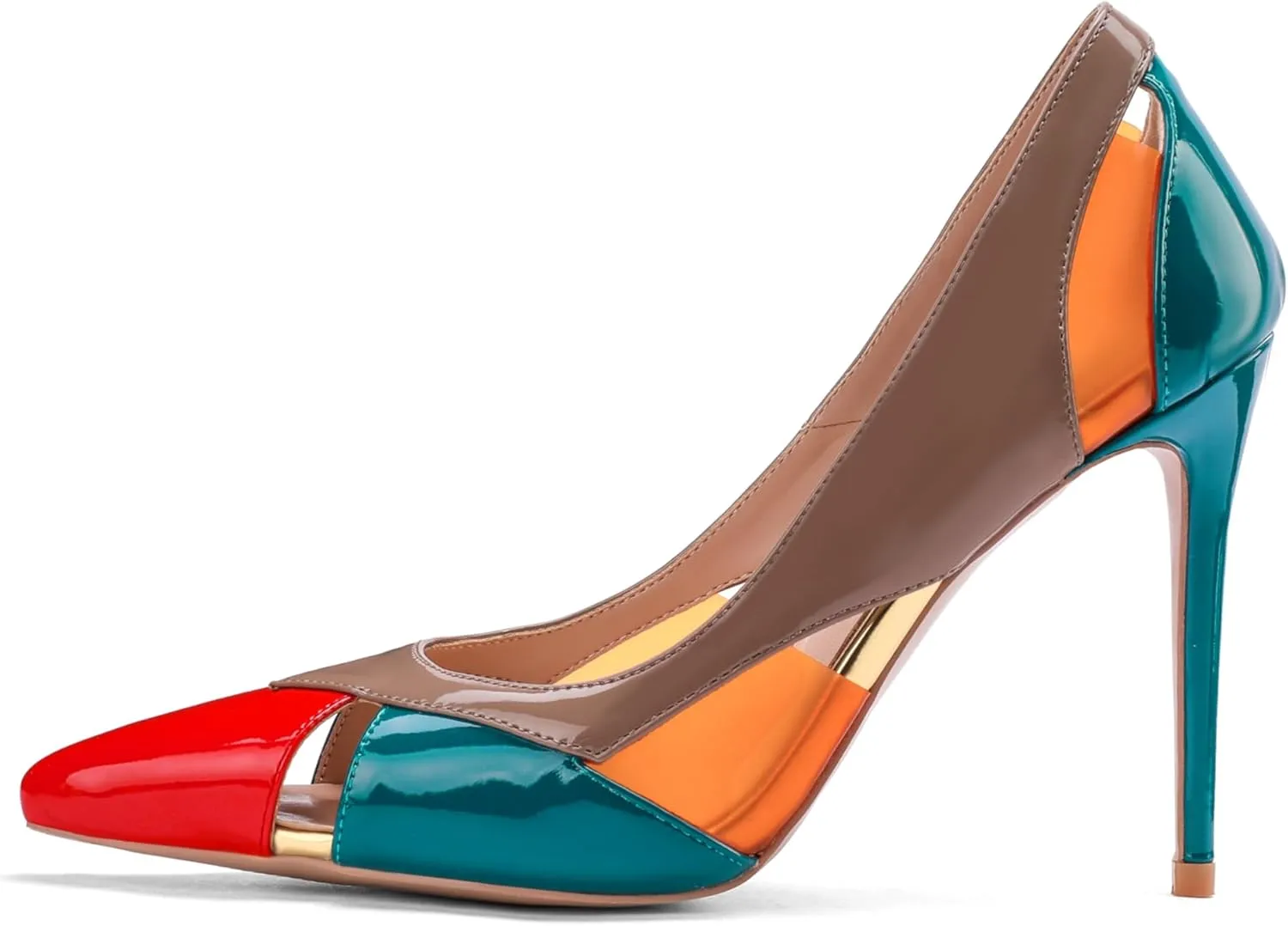 Women's Multicoloured Cutout Stiletto Pumps,Geometric Color Block Pointed Toe High Heels 4 Inch