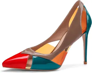 Women's Multicoloured Cutout Stiletto Pumps,Geometric Color Block Pointed Toe High Heels 4 Inch