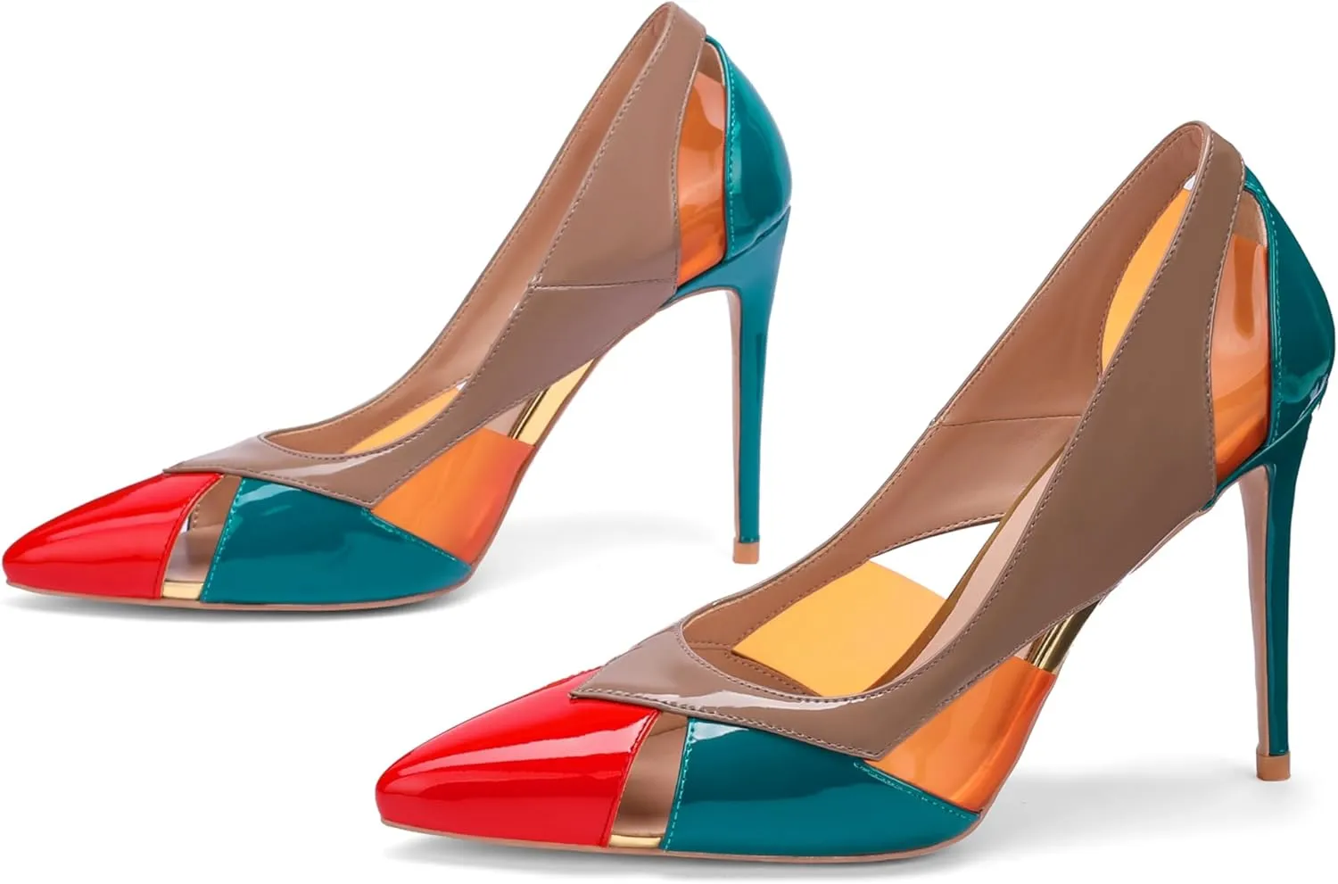 Women's Multicoloured Cutout Stiletto Pumps,Geometric Color Block Pointed Toe High Heels 4 Inch