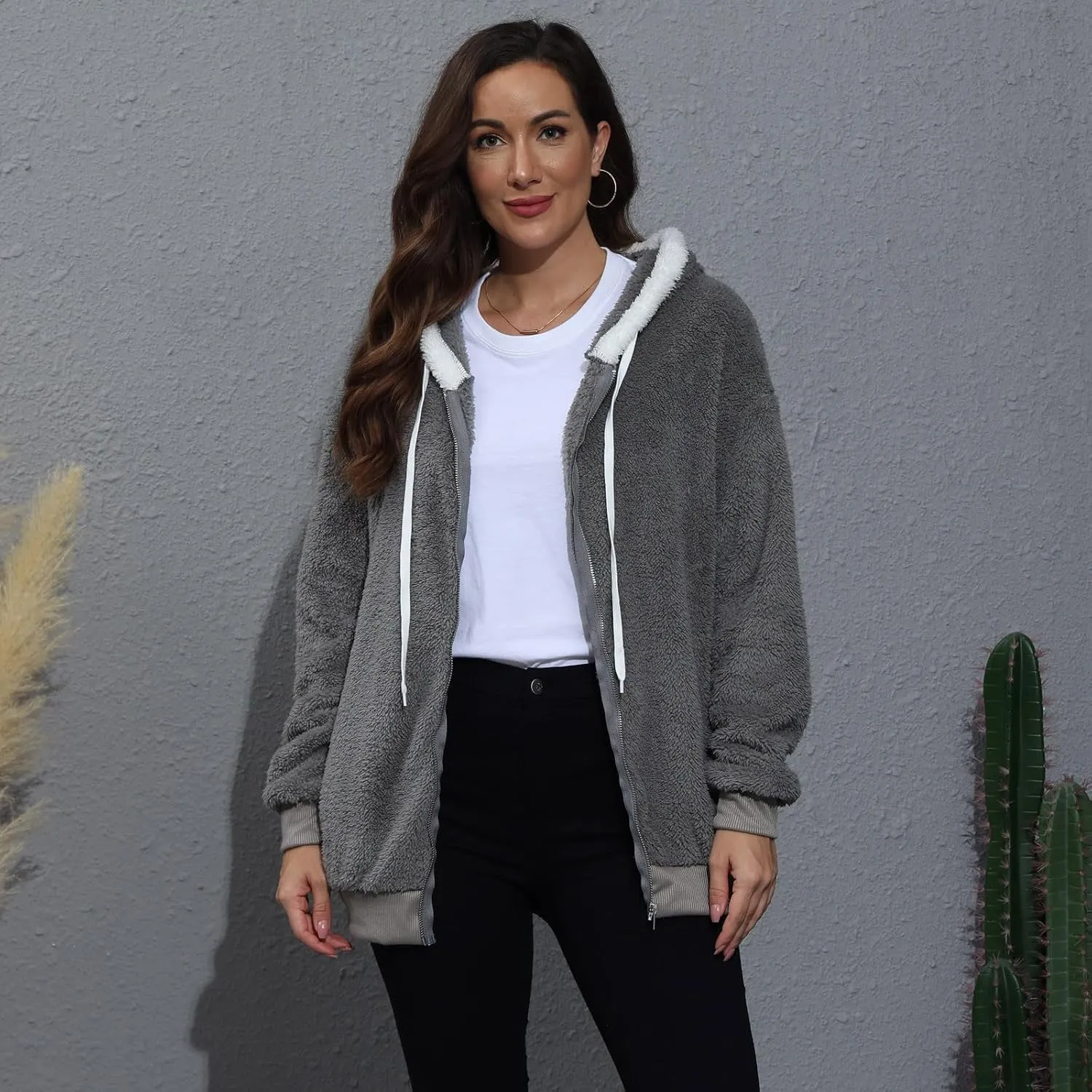 Womens Oversized Zip Up Coat Fuzzy Fleece Sherpa Jacket with Pockets Hoodie Outerwear Fall and Winter