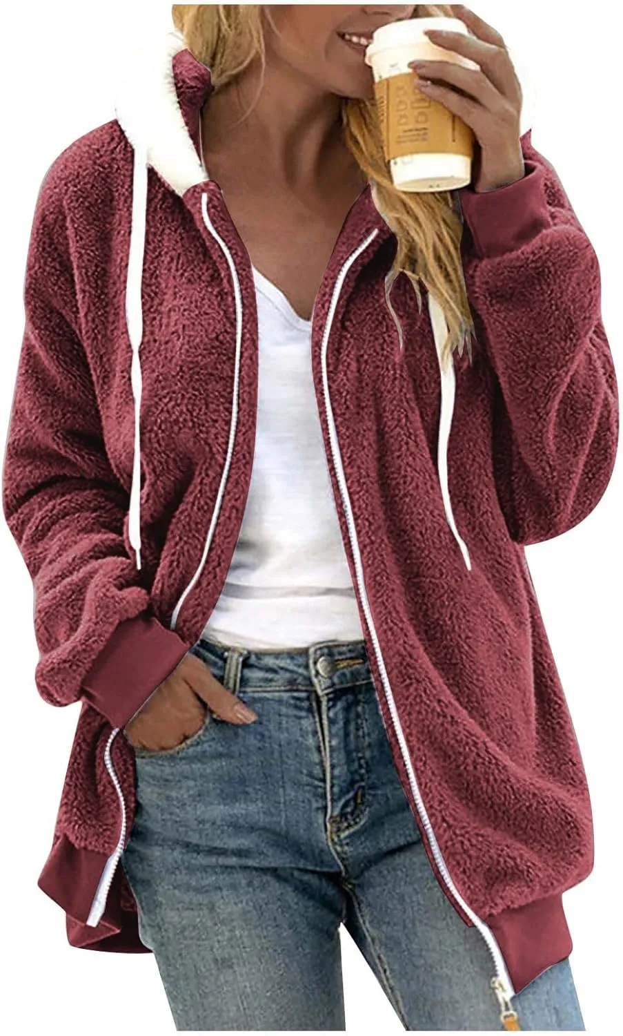 Womens Oversized Zip Up Coat Fuzzy Fleece Sherpa Jacket with Pockets Hoodie Outerwear Fall and Winter