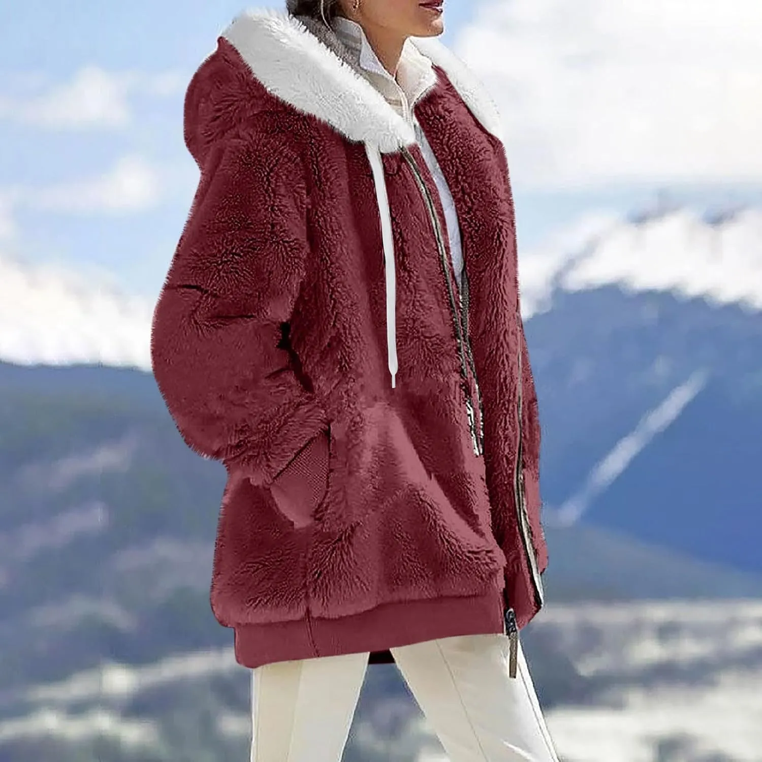 Womens Oversized Zip Up Coat Fuzzy Fleece Sherpa Jacket with Pockets Hoodie Outerwear Fall and Winter