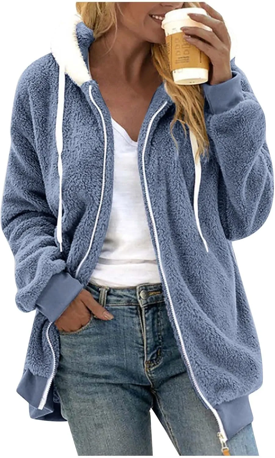 Womens Oversized Zip Up Coat Fuzzy Fleece Sherpa Jacket with Pockets Hoodie Outerwear Fall and Winter