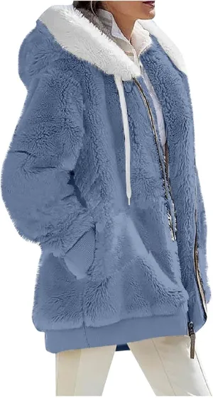 Womens Oversized Zip Up Coat Fuzzy Fleece Sherpa Jacket with Pockets Hoodie Outerwear Fall and Winter