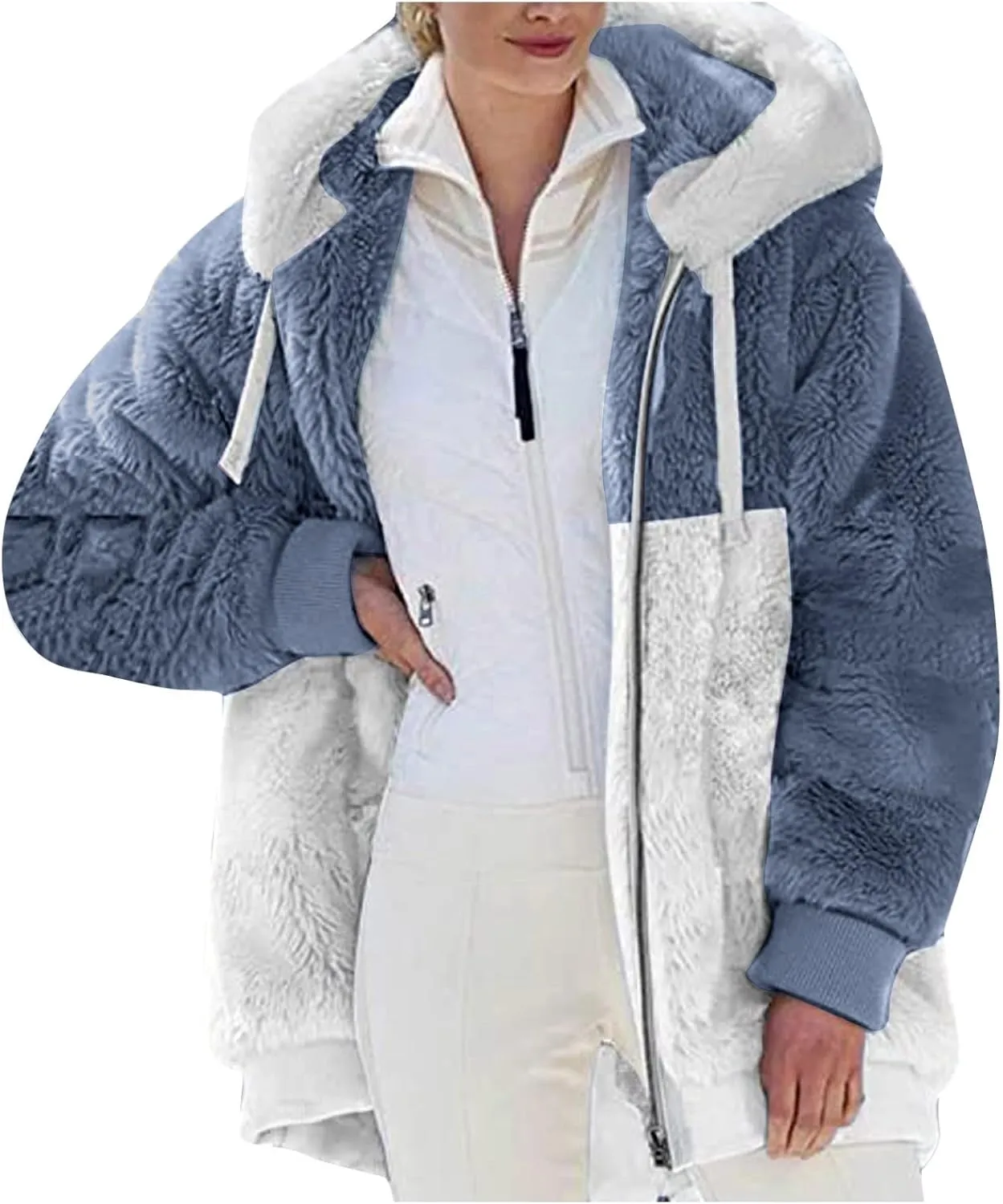 Womens Oversized Zip Up Coat Fuzzy Fleece Sherpa Jacket with Pockets Hoodie Outerwear Fall and Winter