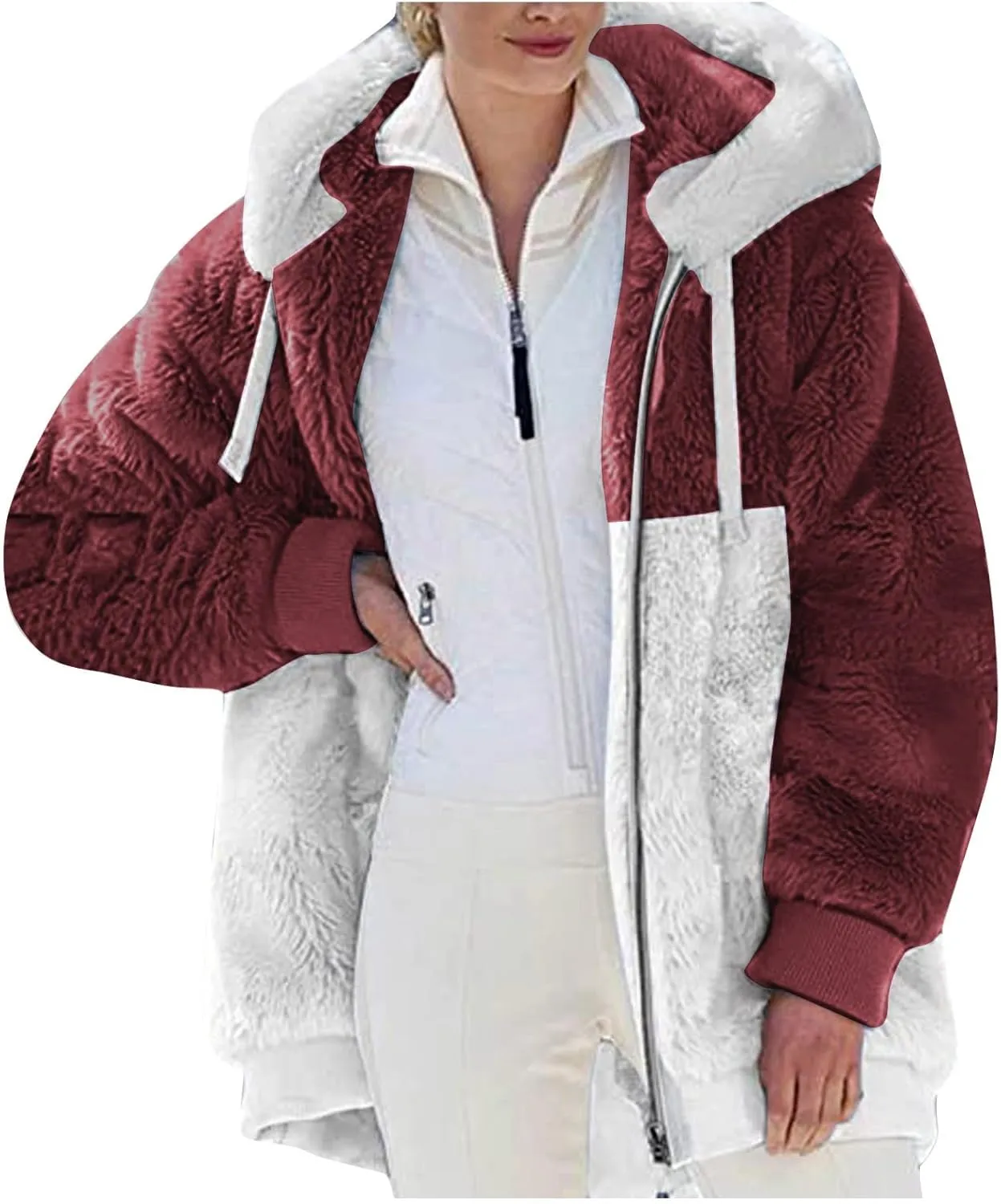 Womens Oversized Zip Up Coat Fuzzy Fleece Sherpa Jacket with Pockets Hoodie Outerwear Fall and Winter