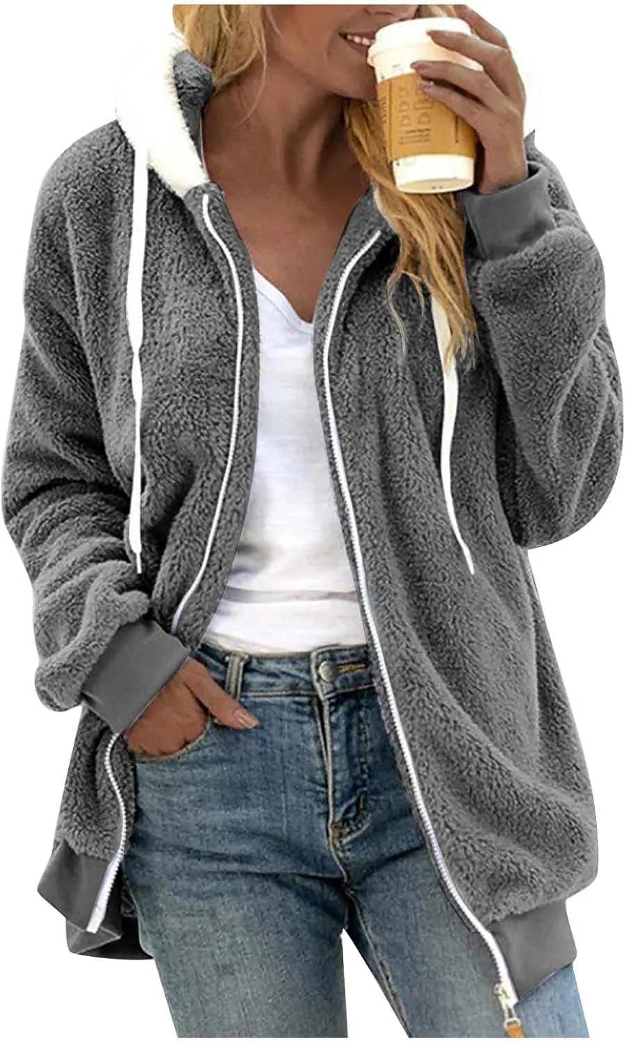Womens Oversized Zip Up Coat Fuzzy Fleece Sherpa Jacket with Pockets Hoodie Outerwear Fall and Winter