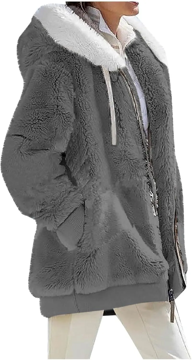 Womens Oversized Zip Up Coat Fuzzy Fleece Sherpa Jacket with Pockets Hoodie Outerwear Fall and Winter